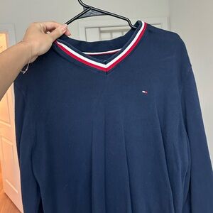 Tommy Hilfiger Men's V-Neck Sweater in Navy with Red and White Trim